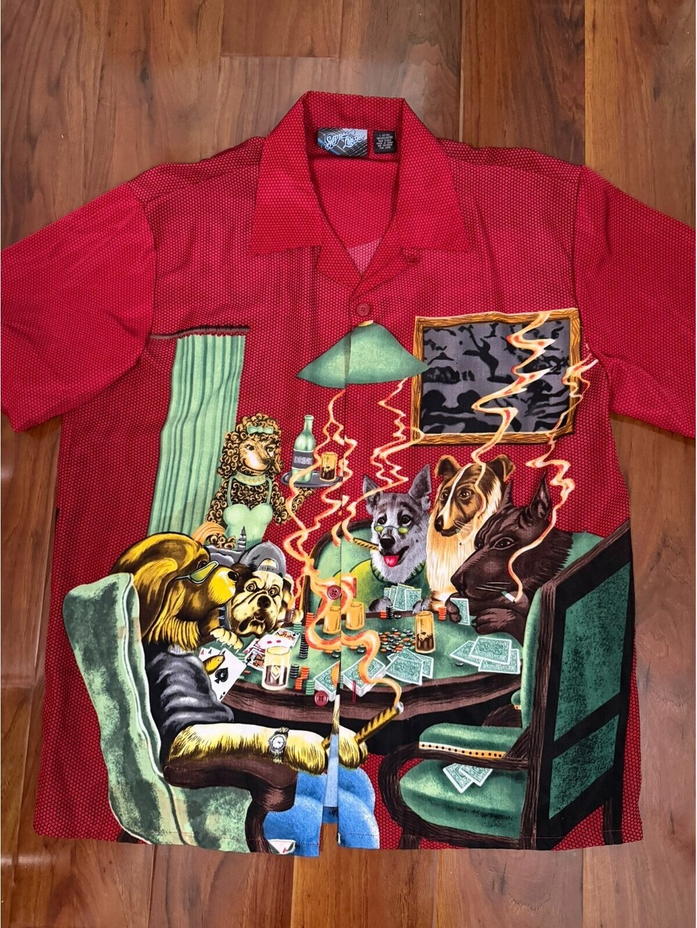 VTG Sapphire Lounge Dogs Playing Poker Smoking Cards Casino Button Shirt SZ L